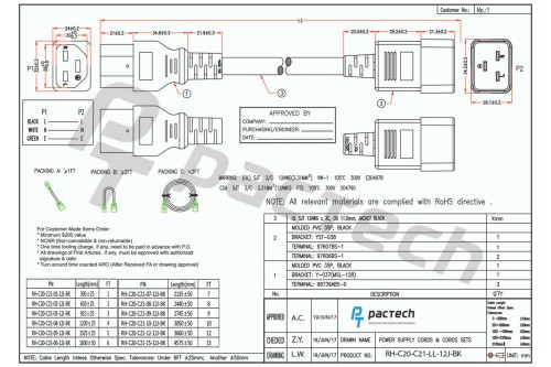 Data Center Power Cord – IEC320 C20/C21, 12AWG, SJT, 20A, 250V, Black - Image 2