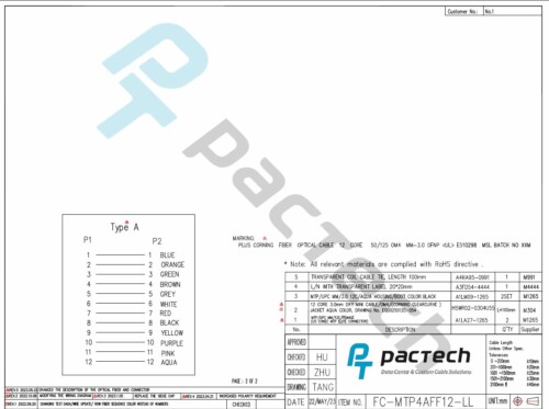 <img src="https://jpc-pt.com/wp-content/uploads/2024/03/ai-icon3.png"> Qualite Fibers™ OM4 12F Multi Mode 50/125, MTP®/UPC to MTP®/UPC, 3.0mm with OFNP Jacket, Female to Female, Type A - Image 5